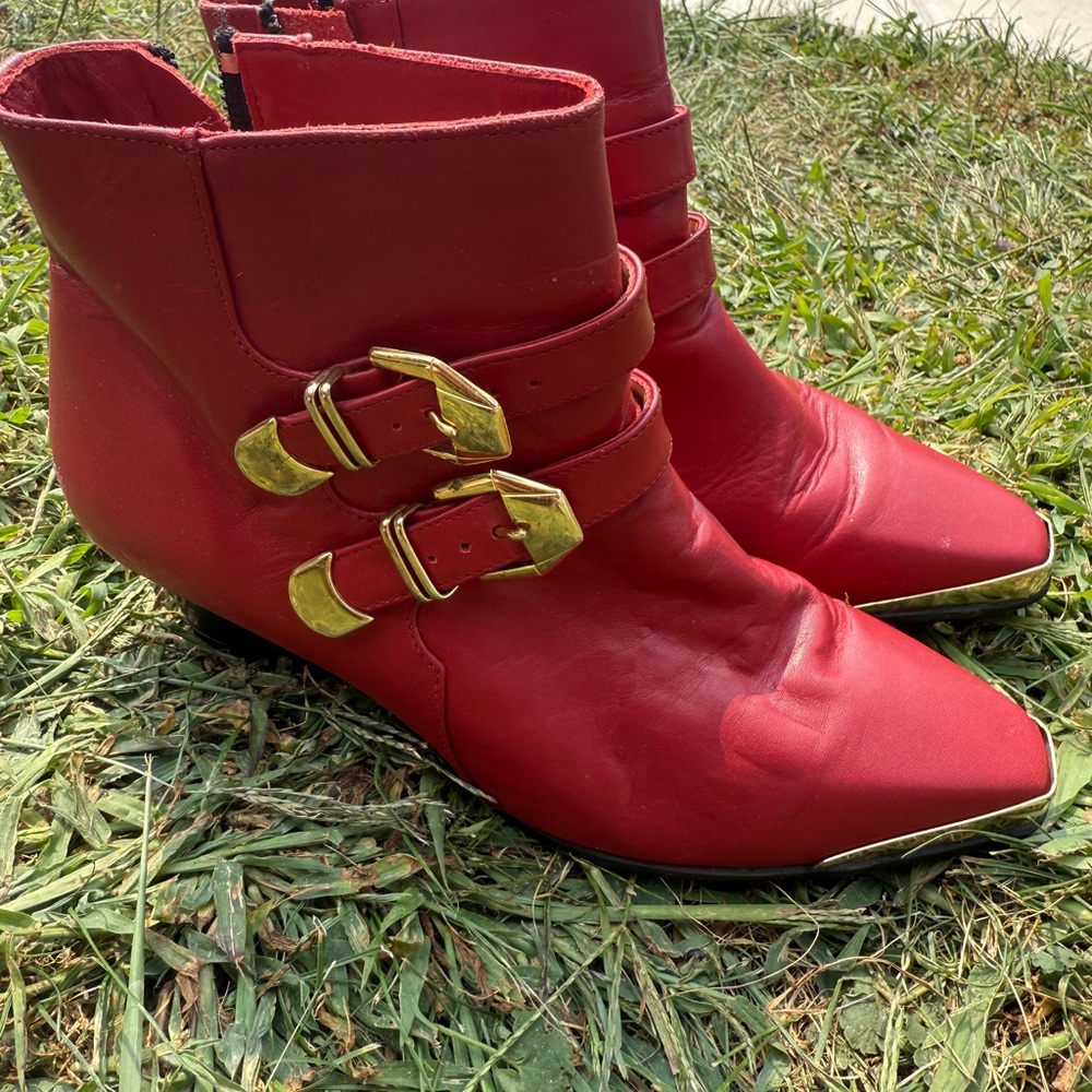 Cougar Red Ankle Boots with Gold Buckles
